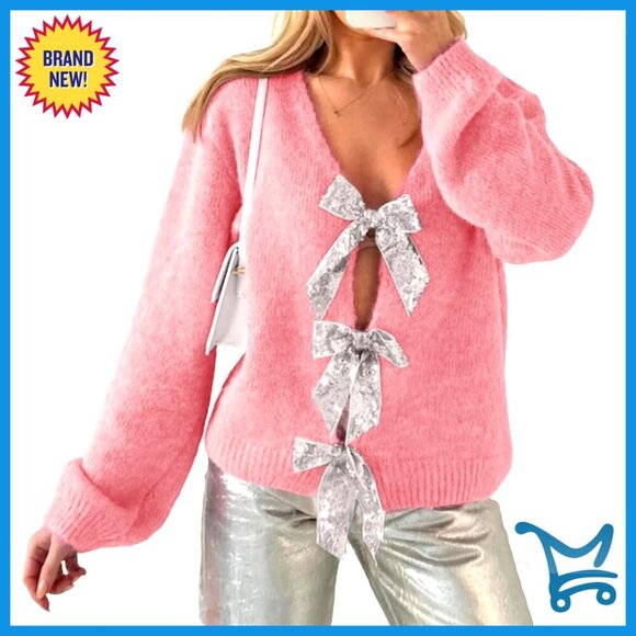 Sweaters - Oversized Knit Cardigan Open Front Sequin Bow V-Neck Reversible Chic Fall